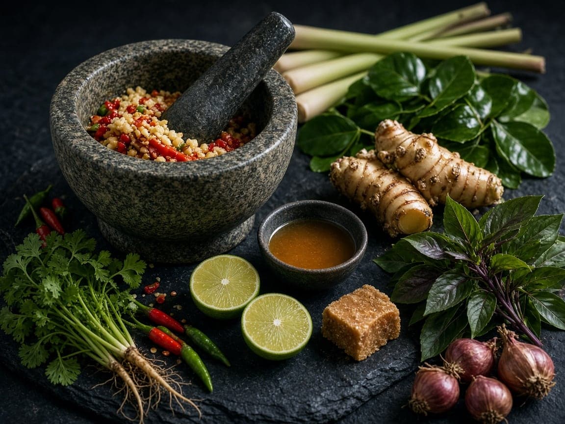 Lemongrass, galangal, lime leaves, Thai basil, coriander, limes, chillies and a stone mortar