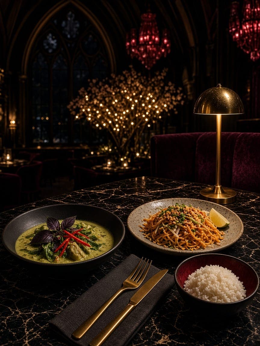 Green curry, pad Thai and jasmine rice on a dark marble table by lamplight, with a pointed arched window and glowing blossom lights behind